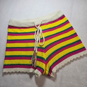 Almost Famous Knit‎ Shorts Medium Striped Drawstring Colorful Crochet